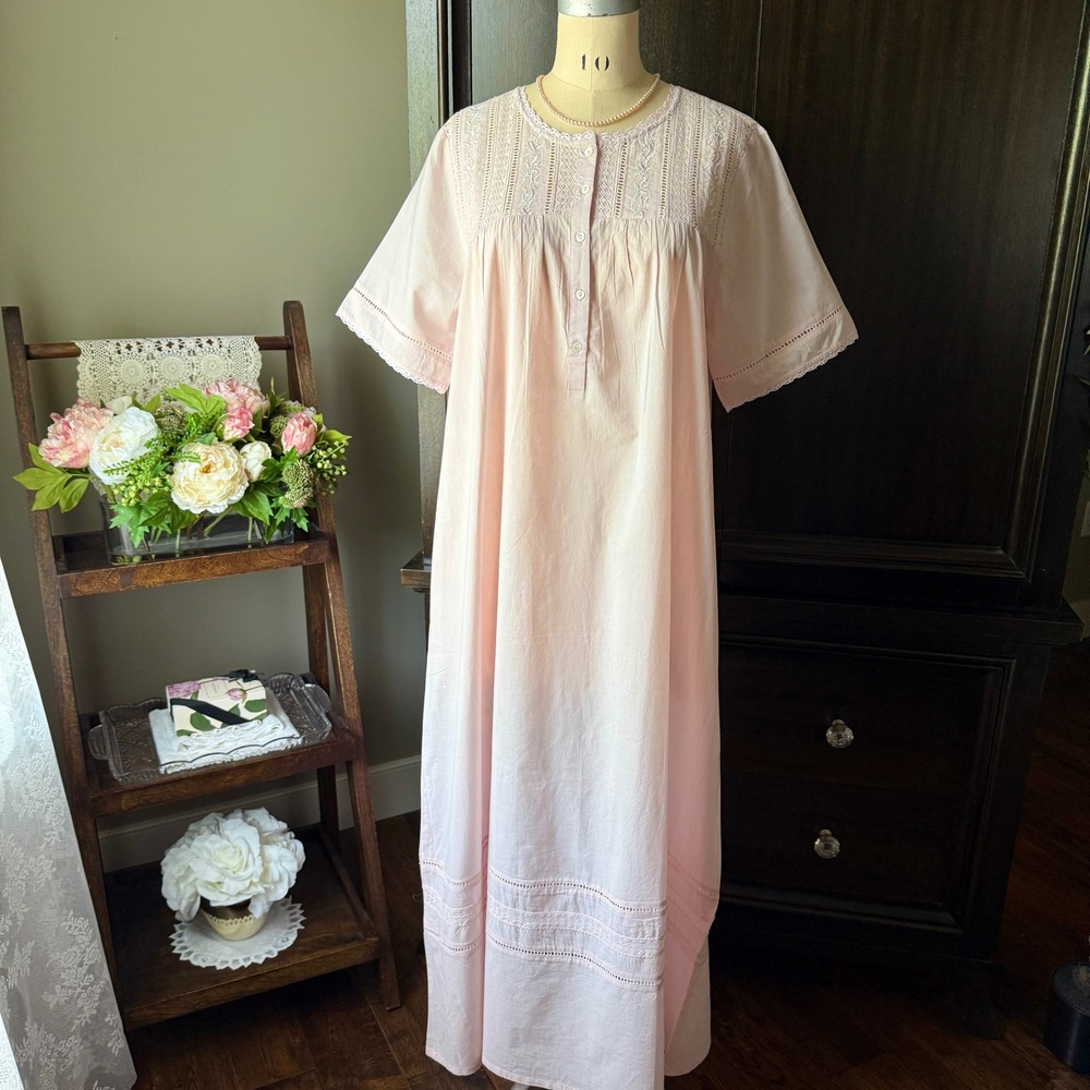 Cotton Nightgown Victorian Maxi Lace Button Front Pink‎ M Cottagecore NWT